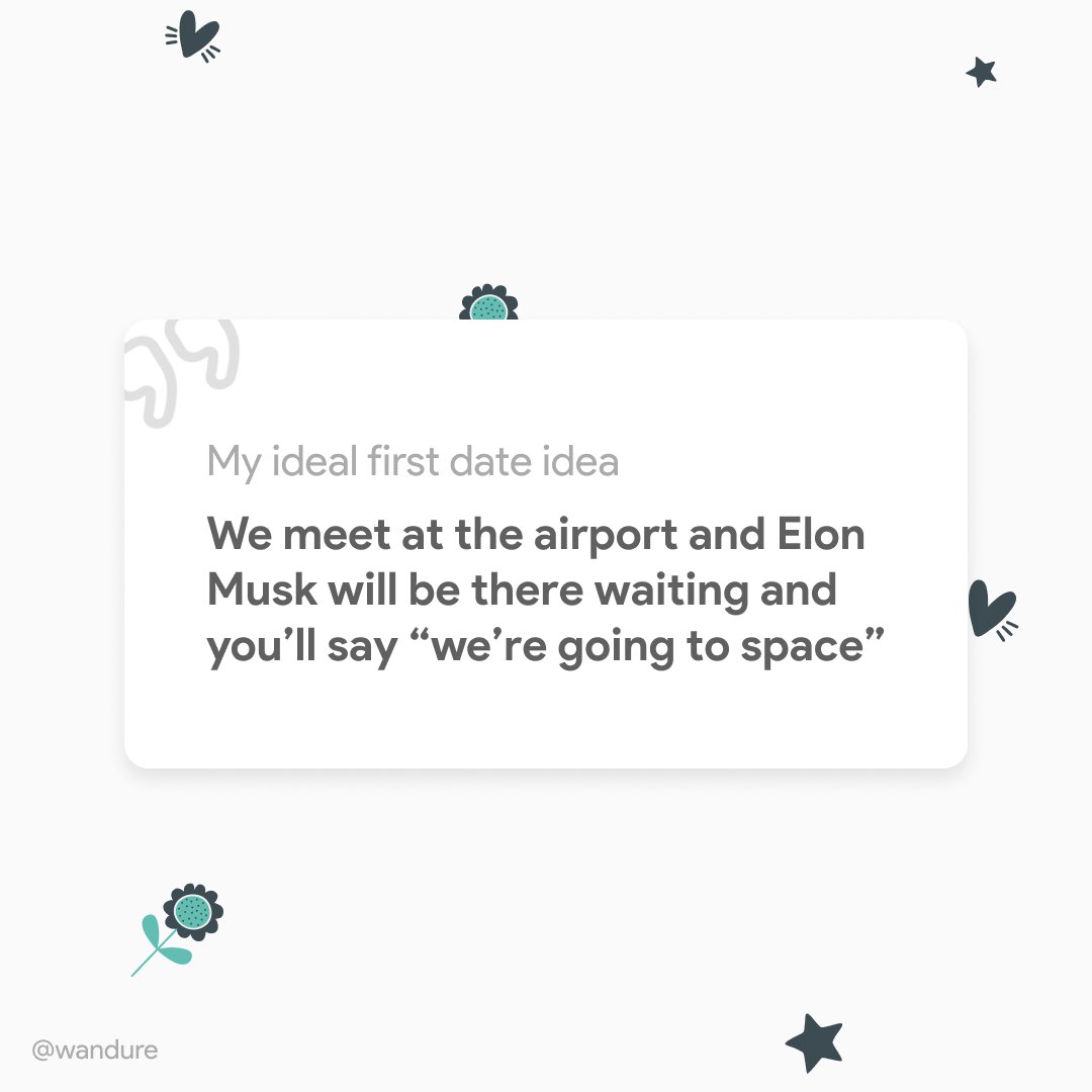 Wandure's tweet photo. Dream date: Mission to Mars.
Thanks, Elon.
.
Follow us for more
.
.
#datingapps
#datingreviews
#dreamdate
#elonmusk
#mars
#firstdates https://t.co/5bP7Cwdchm