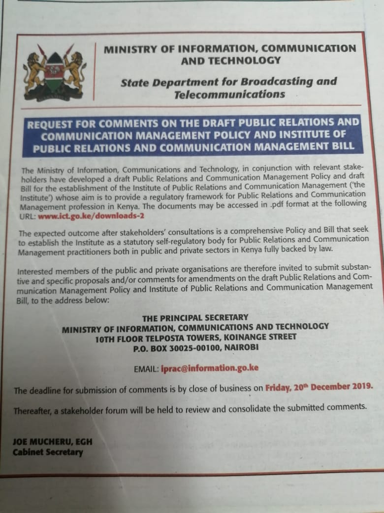 The journey towards statutory self regulatory is on course #TeamPR. Please share your comments on the draft #IPRACBill and #PRACPolicy to <a href="/MoICTKenya/">Ministry of Info, Comms & The Digital Economy KE</a> via email on iprac@information.go.ke
The deadline for submission is 20th Dec. Spread the word