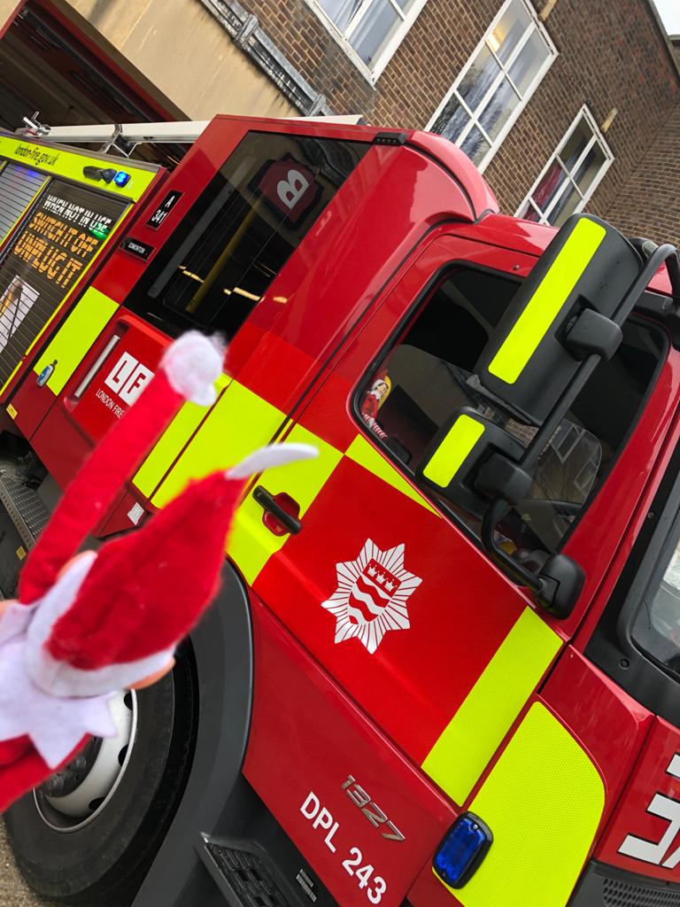 LFBEnfield's tweet photo. The #EnfieldElf has been relieved of his duties and the #EdmontonElf has taken up post...#EnfieldElf is off to #A35 #Enfiรจld to assist there. Look out for updates from them both... #Christmas2019 #CommunityEngagement #Elfies #lookafteryourneighbour @MPSEnfield @EnfieldCouncil https://t.co/nRXob1aJ87