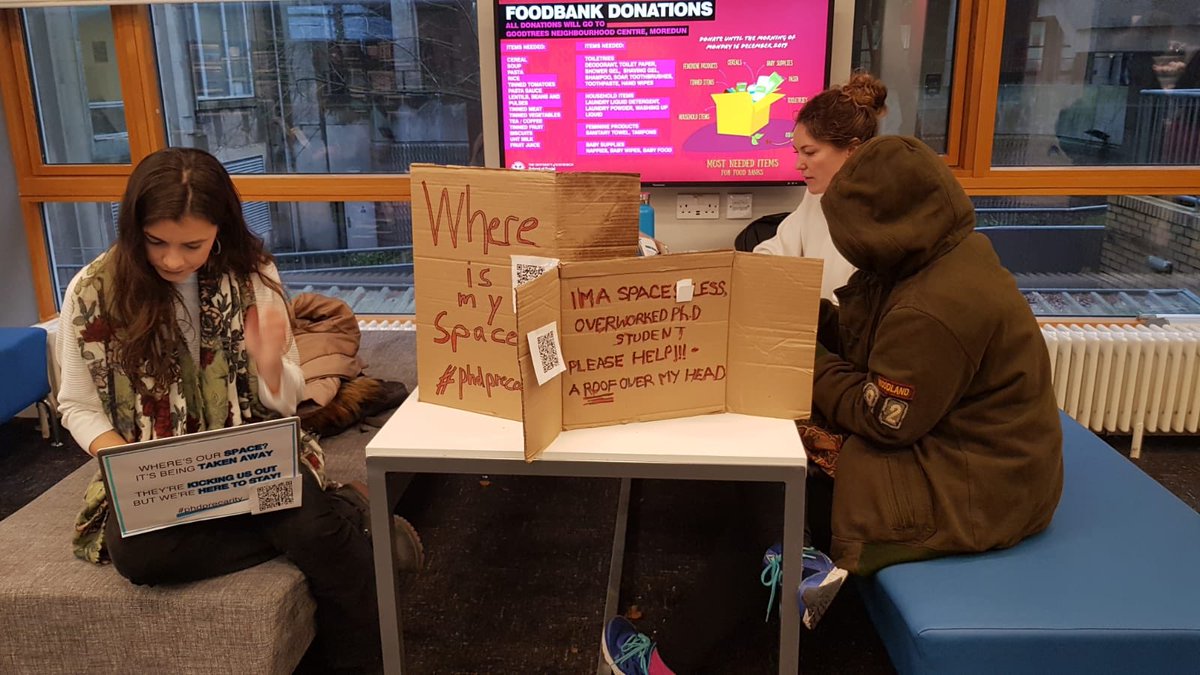 lslothuus's tweet photo. We’re PhD students at @EdinburghUni organising to defend &amp; extend our work and community spaces and to push for democratic control and decision-making. We’re staging a ‘work-in’ to show what the life of a precarious PhD will soon look like if the uni gets its way! #phdprecarity https://t.co/uVrxADnXTY
