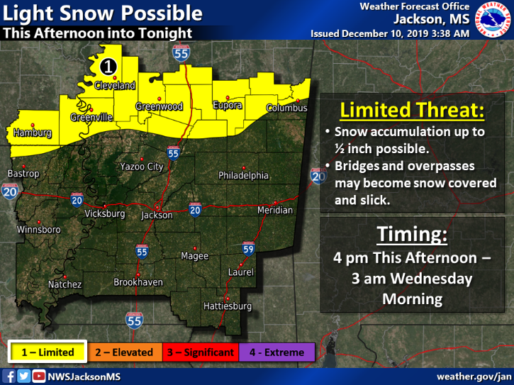 NWSJacksonMS's tweet photo. Rain will become mixed with or change over to snow this afternoon into tonight in areas along and north of Highway 82. Light accumulations up to one-half inch will be possible. Bridges may become snow covered and slick. Stay tuned for updates to the forecast. https://t.co/sMTH4gRqqk