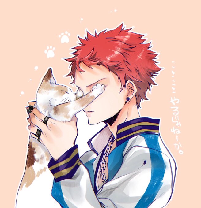 1boy male focus cat jacket red hair jewelry animal  illustration images