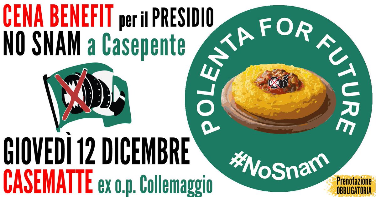 3e32's tweet image. Ancora poche ore per prenotarsi alla #polenta for future di giovedì a #CaseMatte! Difendiamo il nostro territorio dagli speculatori, finanziamo la costruzione del presidio #NoSnam. Info qui: 3e32.org/?p=9561

#Sulmona #Abruzzo #LAquila