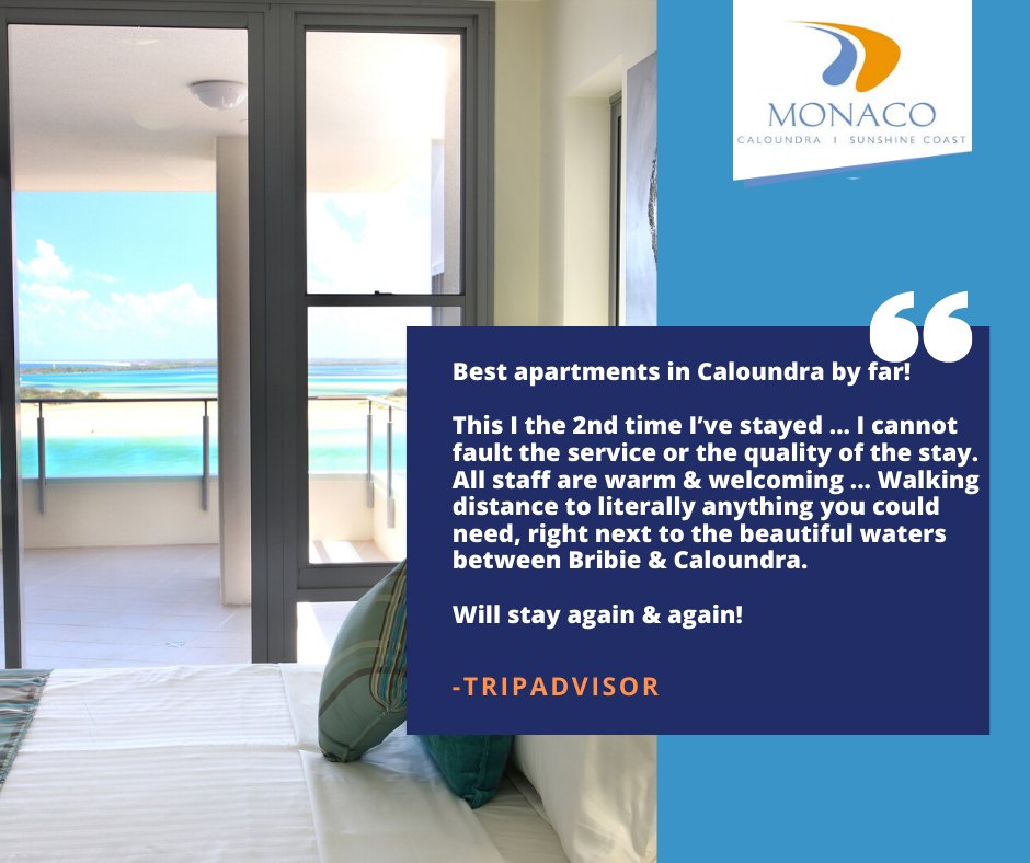 MonacoCaloundra's tweet photo. A big thanks to the reviewer who left this fabulous feedback on TripAdvisor this month 💙💚💙

Experience our luxurious Caloundra, Sunshine Coast apartments for yourself!  👍 https://t.co/oY8T21ptau

#monacocaloundra #MonacoResort #sunshinecoast #caloundra #visitsunshinecoast https://t.co/1vfoRxmlR5