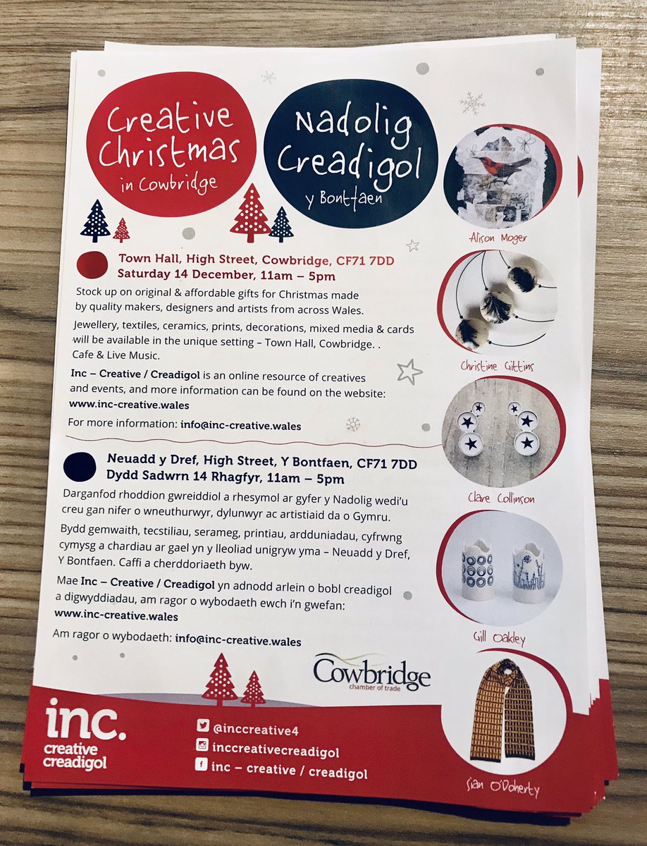 Only 4 days to go.....until Creative Christmas at the Town Hall in Cowbridge on Sat 14 Dec, 11am - 5pm. There will be 30 local makers such as @jbhandmade from Llantwit Major, @clarecollinson from Cowbridge &amp; <a href="/NellysTreasures/">Helen.</a> from Dinas Powys! <a href="/visitthevale/">Visit the Vale</a> <a href="/CowbridgeGuide/">Cowbridge Guide</a>