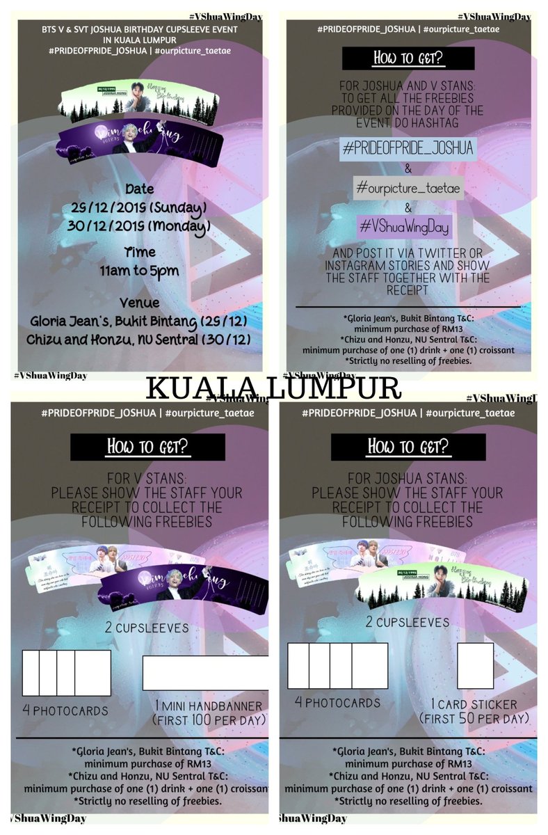 giveawayMY's tweet photo. Cupsleeve Event #VShuaWingDay
ARMY x CARAT collaboration in celebrate
BTS's V &amp; Seventeen's Joshua Birthday in the same day!

📅29-30 Dec 19
📍Northam All Suites (lobby cafe), Penang
📍Coffee Bean AEON, Melaka
📍Gloria Jean's | Chizu &amp; Honzu, KL
A lot of freebies will be given💕 https://t.co/rmbmOk60ii