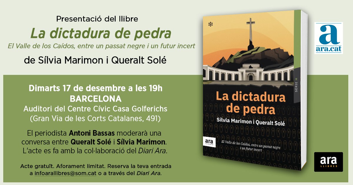 .<a href="/antonibassas/">Antoni Bassas</a> conversarà amb la historiadora <a href="/QBru/">Queralt Solé</a> i la periodista <a href="/SMarimonMolas/">Sílvia Marimon Molas</a> sobre tots els secrets que envolten el Valle de los Caídos en l'acte de presentació del llibre #LaDictaduraDePedra. Vine el proper 17/12 a les 19h al <a href="/ccgolferichs/">Casa Golferichs</a>!