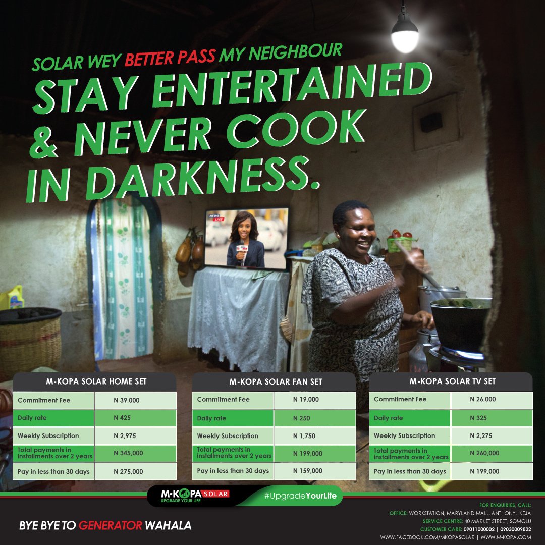 MKopaSolarNg's tweet photo. Upgrade your life by investing in your home on terms that suit you. #upgradeyourlife #solarenergy #TheNextLevel #GhanavrsNaija #TECH2019 #comfort #lifeisbeautiful https://t.co/mKtSX3ruZW