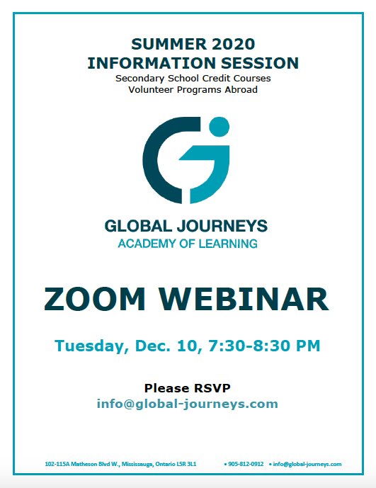 Global_Journeys's tweet photo. TONIGHT from 7:30-8:30pm, we’ll be hosting another Zoom #webinar. Join us to learn more about who we are, what we do, and where we can take you in 2020! Visit our website for more details and zoom link. #studyabroad #summerschool #highschool #creditcourses #volunteering https://t.co/WCbVWy3rLc
