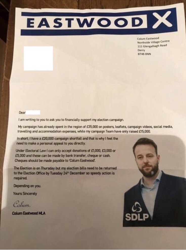 patrickkmaguire's tweet photo. These fake begging letters purporting to be from SDLP leader and Westminster candidate Colum Eastwood have been doing the rounds in Foyle, where Sinn Féin is defending a 169 majority. Electoral Commission and police have been informed. A seat to watch on Thursday. https://t.co/5vNSDQgKvM