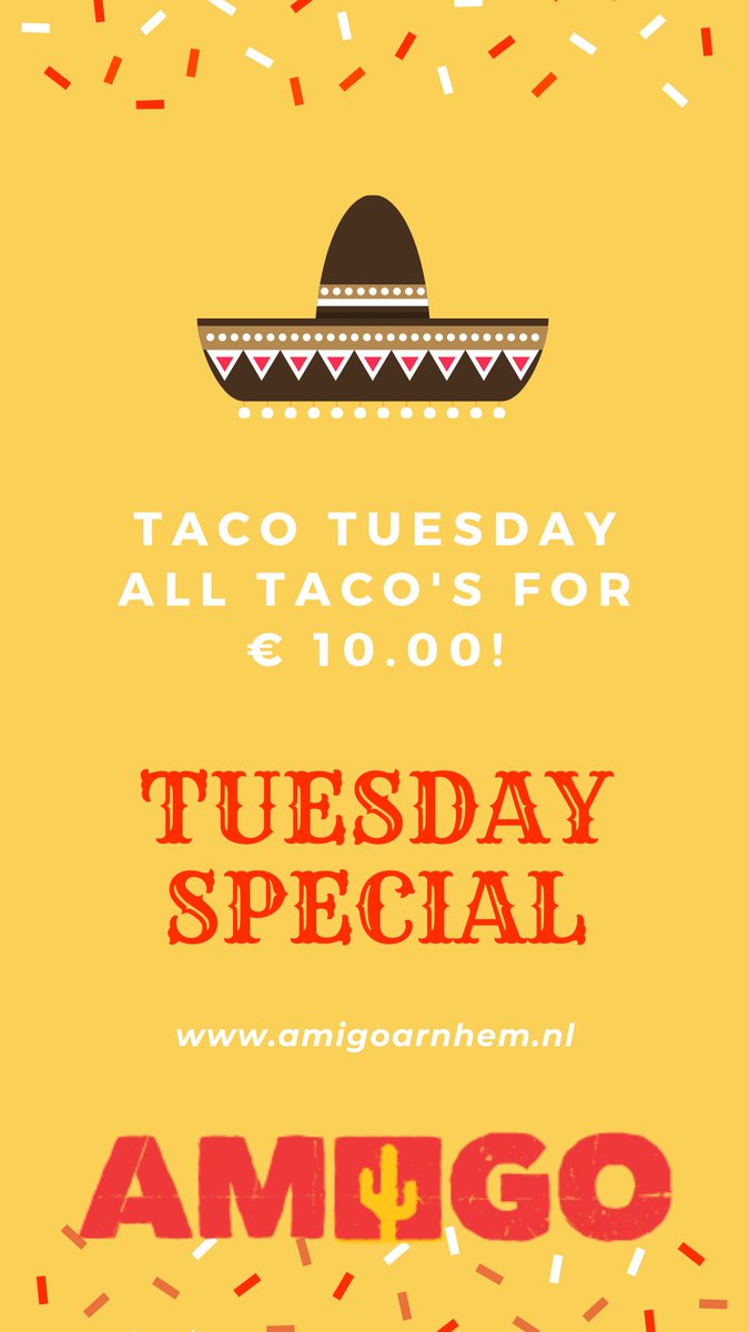 AmigoArnhem's tweet photo. Have a blast! You deserve it! Alle Taco's een Tientje! 🌮🌮
#Tuesday #Special #Taco #Tacos #mexicanrestaurant #mexicanfood #mexican #foodie  #guacamole #margaritas #food #mexico #cocktails #citycentre https://t.co/1JEkMTDWct