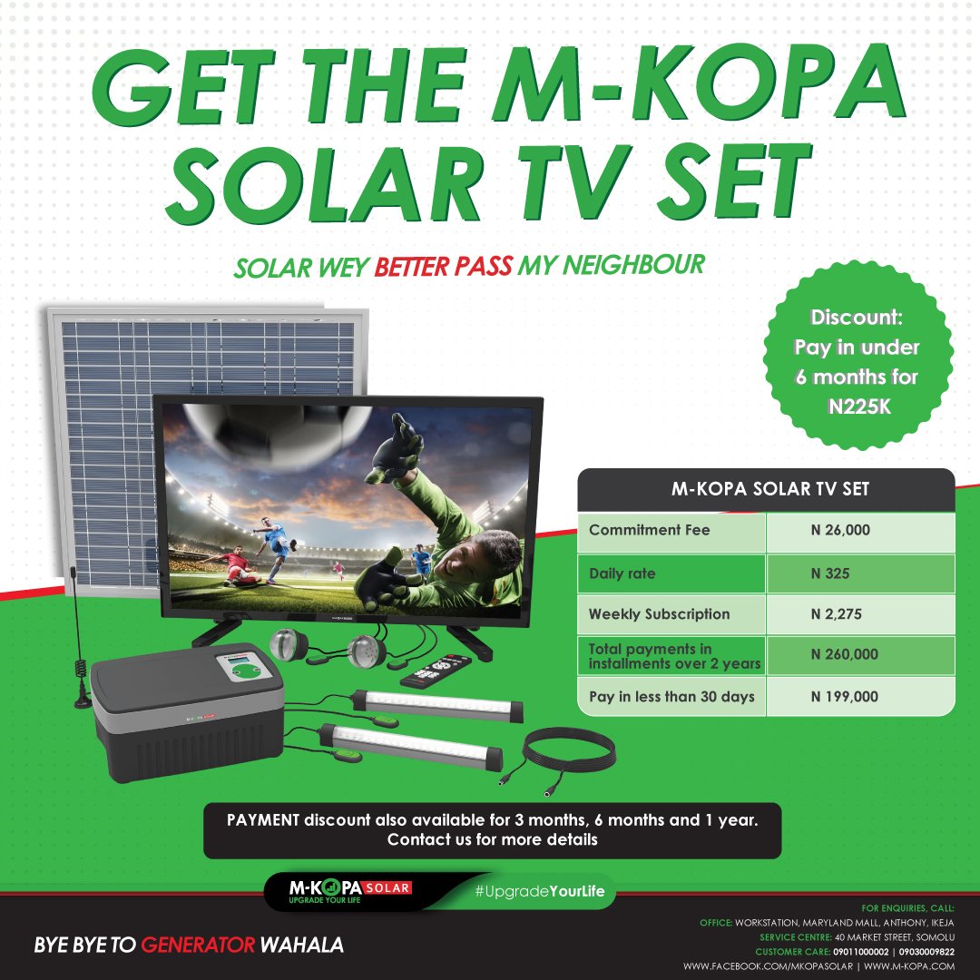 MKopaSolarNg's tweet photo. Last year about 53% of our customers in the East African region experienced an improvement in the quality of life. 
Stay entertained and never cook in darkness with the M-KOPA Solar TV Set. #solar #fintech #GhanavrsNaija #tech #global #green #GlobalWarming #safety https://t.co/cJAnBpXhRm