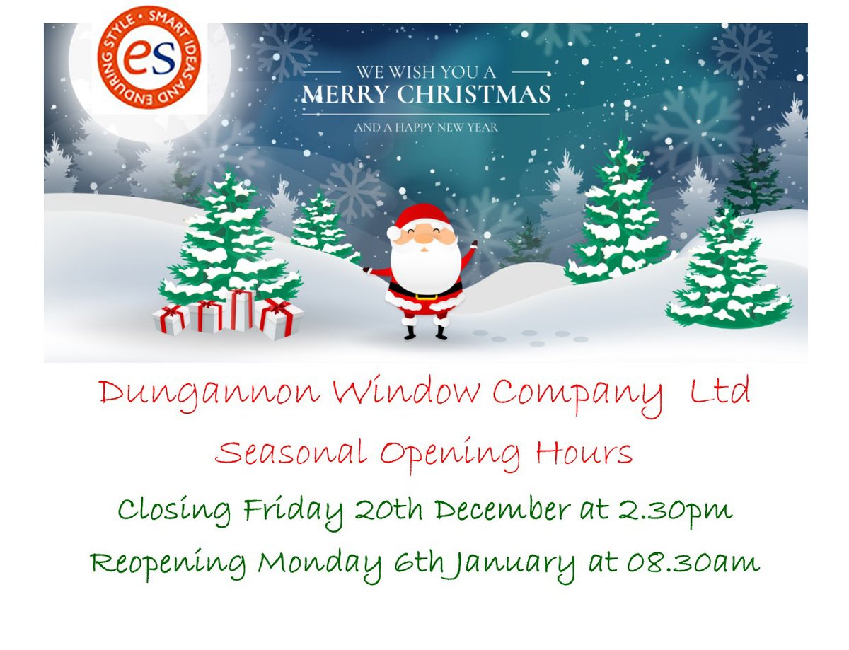 Eurosash's tweet photo. We will be closing on Friday 20th Dec at 2.30pm and Open again on Monday 6th Jan at 8.30am 🎄🎅
Wishing all our Customers a Merry Christmas and Happy New Year 🥳🎉 https://t.co/qnnCexh8Lo