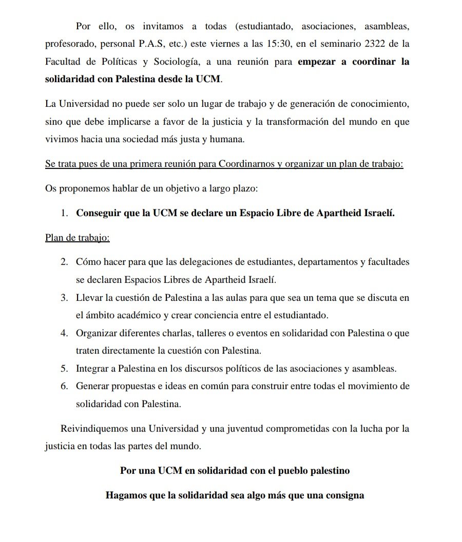 Adjuntamos aquí el programa de la reunión. Se recuerda que se invita tanto a estudiantes como asociaciones, asambleas, trabajadoras del PAS y PDI... a toda la comunidad de la Universidad Complutense.