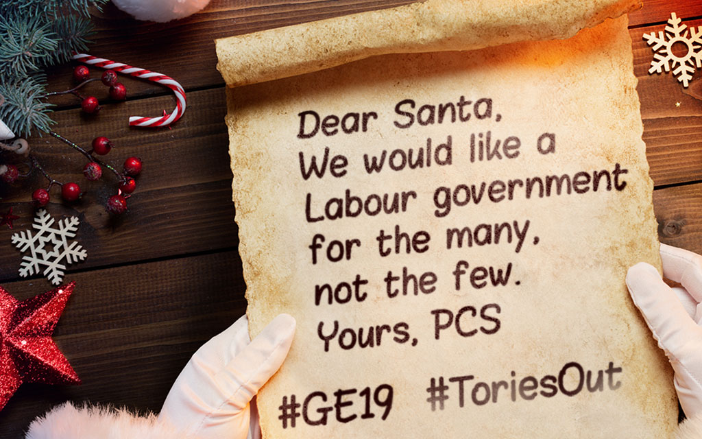 pcs_union's tweet photo. For the final #PCS letter to Santa 🎅 ahead of the general election 🗳 we ask for a Corbyn-led Labour government which is for the many, not the few. https://t.co/PSG6OuX9ir #ToriesOut #PCSSanta #LetterToSanta #GE19 https://t.co/MQgSUbkhcV