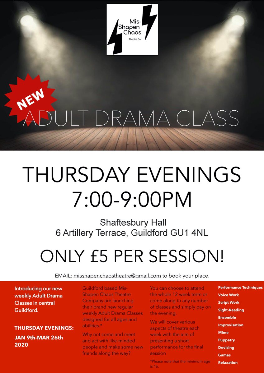 We are excited to announce our new weekly Thursday evening Adult Drama Classes are starting in January next year. Open to anyone aged 16+. Why not come along and give it a go? Places are booking fast!