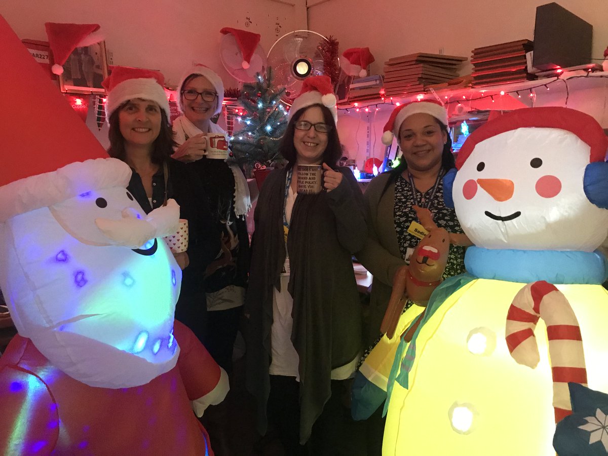 Patient Services hosted their #ChristmasCuppa today to help raise money for 
@epsom_sthelier Charity. Here's our staff joined with #santa and #snowman rocking to the #festiveseason Excellent hats, ladies! #fundraising #timeforteav <a href="/TyneSue/">Sue Tyne</a>