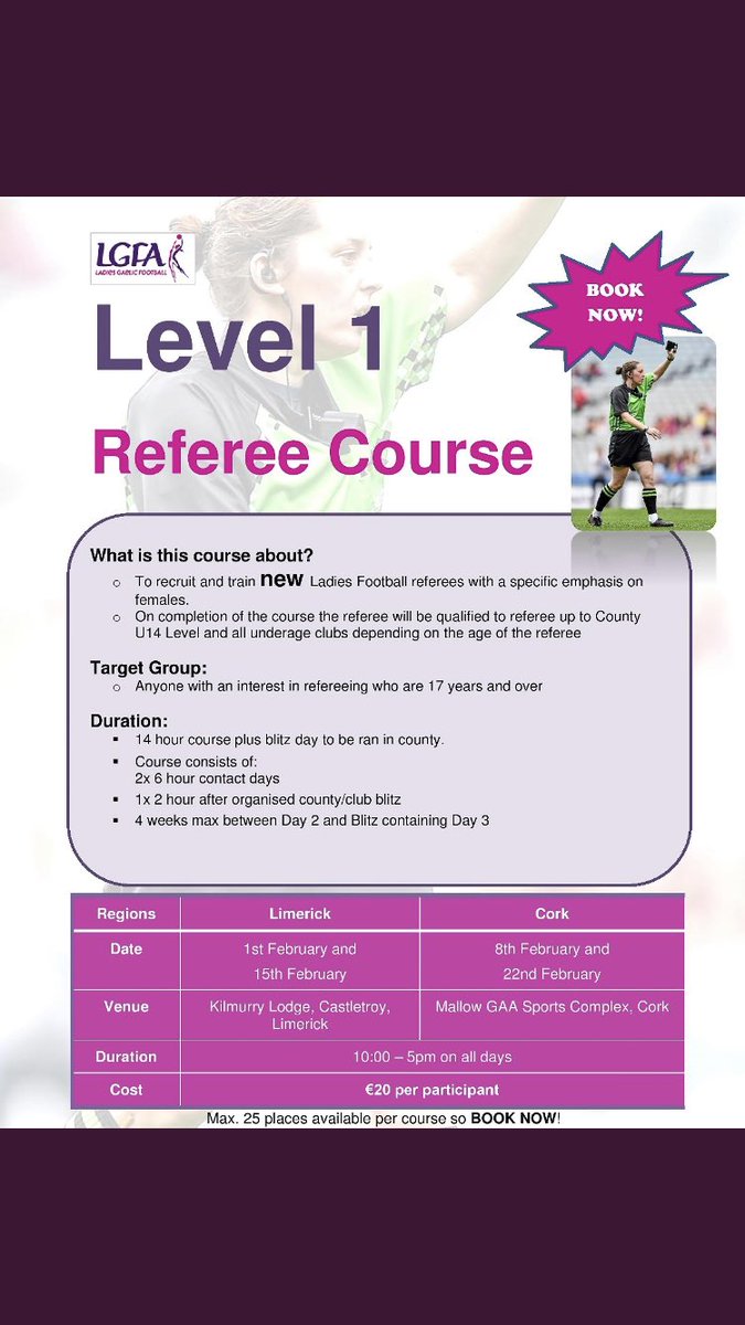<a href="/LadiesFootball/">Ladies Football</a> Referee Level 1 Course on in <a href="/carrigoon/">Mallow GAA Sports Complex</a> Feb 8th &amp; 22nd,10-5 both days ,details below <a href="/NorthCorkLF/">NCLF</a> <a href="/mid_cork/">Mid Cork LGFA</a> <a href="/eastcorklgf/">East Cork LGF</a> <a href="/westcorkladies/">WestCorkLGFA</a> ,We need MORE refs ,if we don’t get them , it will be the clubs/players who will lose out with cancelations/less comps etc .