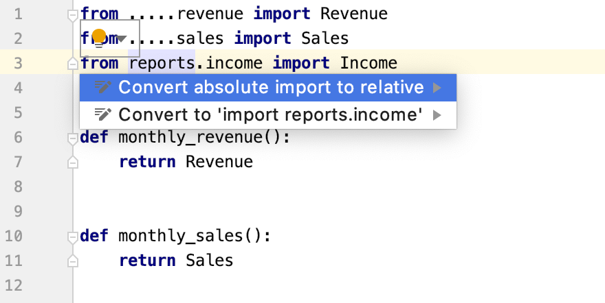 pycharm's tweet photo. Do you prefer to use relative imports in your files? If you've got one relative import to a package, any new imports you make (with Alt+Enter) will be relative as well #NewInPyCharm https://t.co/Og8TedEAnA https://t.co/lOlOdCegZi