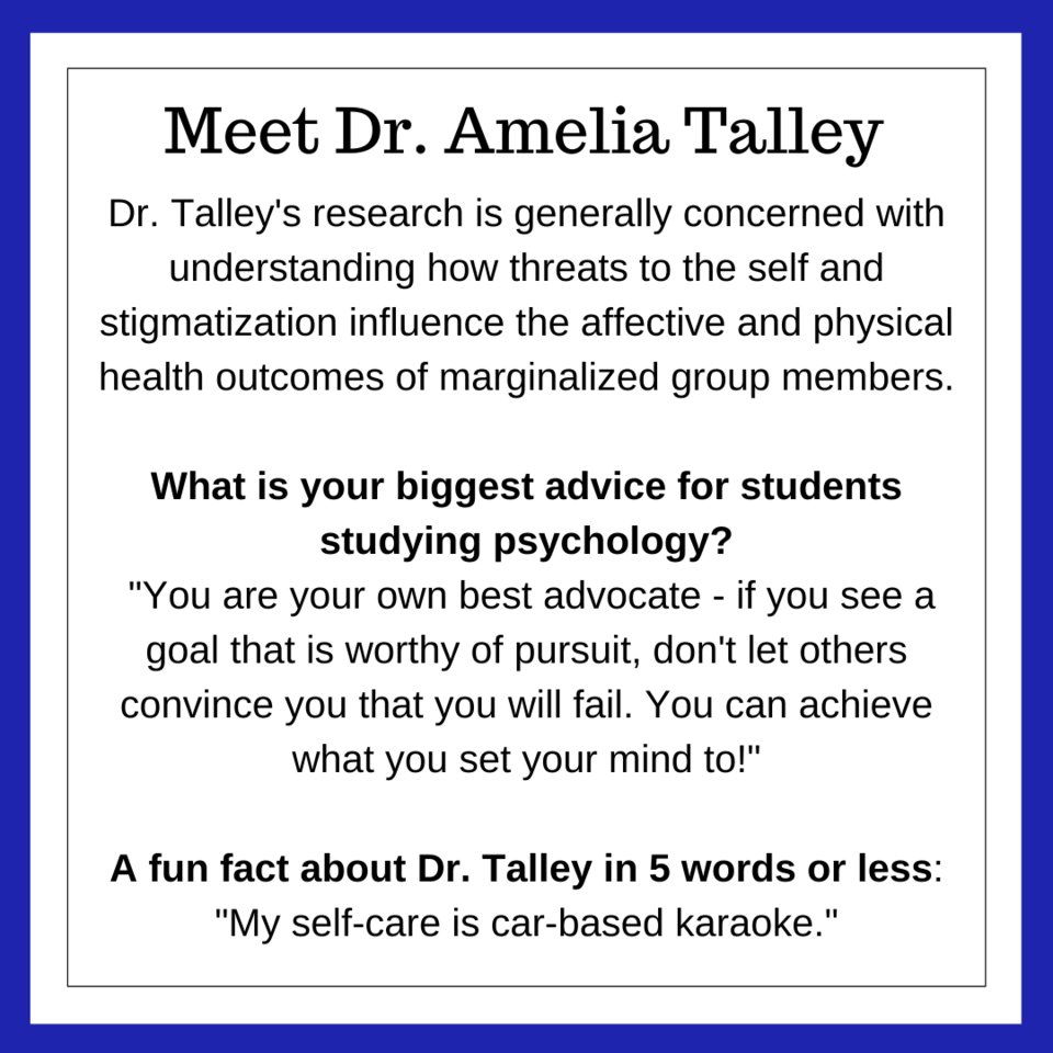 Meet Dr. Amelia Talley for this #facultyfeature Tuesday! Dr. Talley serves as one of the Associate Chairs for the department as well as conducts #research largely examining marginalized groups. If you see Dr. Talley today, give her a wave!