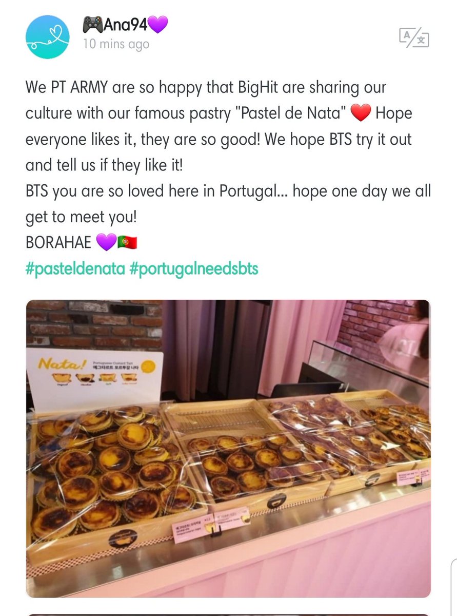 aluisapinto's tweet photo. PTARMY vamos lá subir este post nas trends do Weverse! Este é o nosso momento!!! A BigHit está a divulgar o pastel de nata e nós temos de mostrar o nosso orgulho português! 
Por favor vão ao Weverse e pesquisem o hashtag "#pasteldenata"!
LETS GET IT! 🇵🇹🇵🇹🇵🇹 @BTS_twt 🇵🇹🇵🇹🇵🇹 https://t.co/1njVUjAPHP