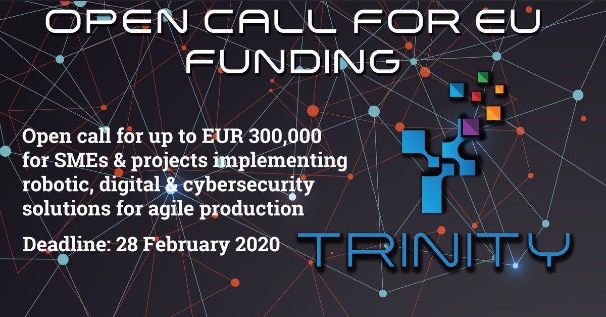 eu_trinity's tweet image. Trinity opened a call for funding for SMEs. We will provide up to €300,000 equity free funding for #SMEs use case demonstrators on #Robotics . The call will be open until 28 February 2020. Apply now! bit.ly/2ryRtvF