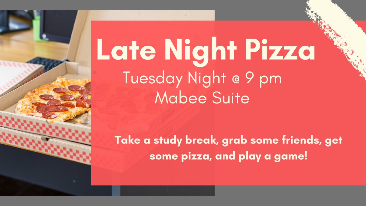 Late Night Pizza TONIGHT at 9! Take a break from finals and come join us in the Mabee Suite! 🎉🍕