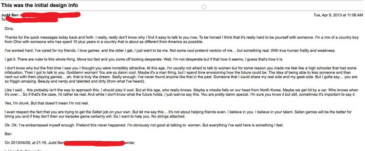 Ben's email to Alex after they first met included things like 'I want to kiss a girl who loves games' and 'I heard you're dirty'. In the same email after writing that, he offered his support with Alex's job hunting.(12/31)