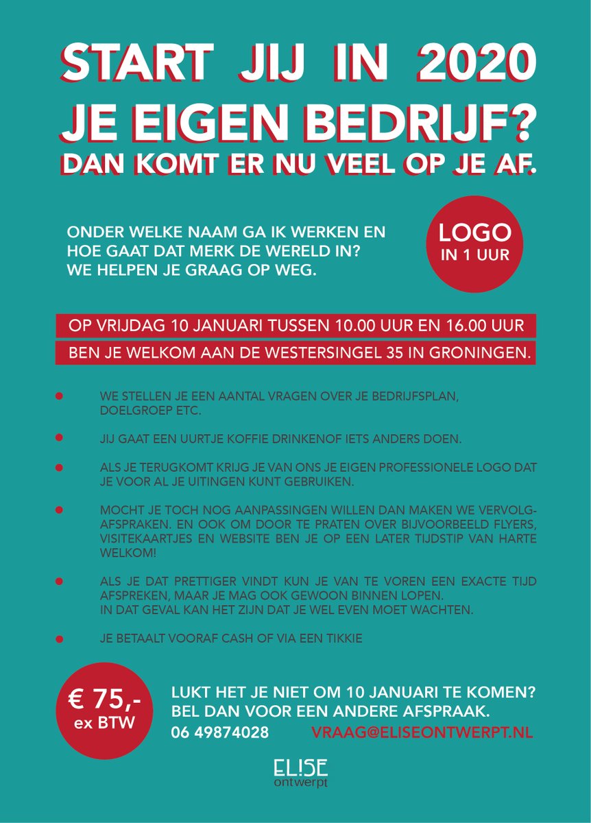 EliseBezema's tweet photo. Logo in 1 uur! Ben jij of ken jij iemand die voor zichzelf willen beginnen? Dan komt er veel op je af.Daarom willen we je helpen om je ideeën over je bedrijf of product in beeld te brengen met een logo! Op 10 januari tussen 10:00 en 16:00 ben je welkom aan de Westersingel 35! https://t.co/DdK9VU44ju