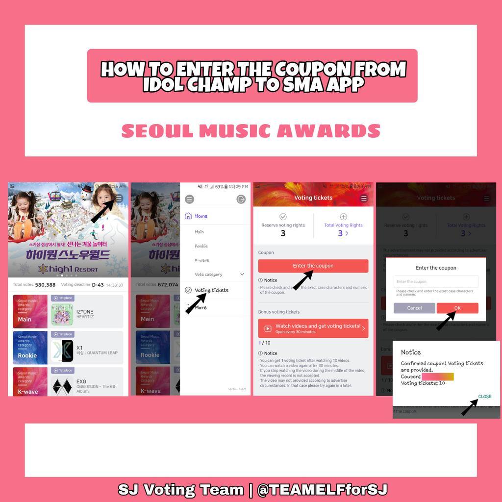 < Seoul Music Awards in Idol Champ >

To buy coupon to vote for SMA, only your red hearts (❤) can be use to purchase and go to idol champ app and look for SMA banner.

→How to purchase coupon on Idol Champ
→How to enter the coupon from IC to SMA app.

#SUPERJUNIOR <a href="/SJofficial/">SUPER JUNIOR</a>