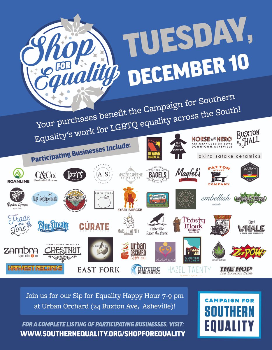 SouthernEqual's tweet photo. Hey #Asheville! TODAY is #ShopForEquality! Make a purchase or eat a meal at one of the more than 50 participating businesses or restaurants, and by doing so you'll be contributing to the Campaign for Southern Equality and our work toward #LGBTQ equality. https://t.co/m1ClpyhYlm https://t.co/uzlOiBGvyL