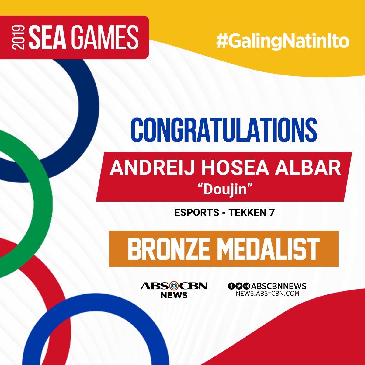 ABSCBNNews's tweet photo. BREAKING: Pinoy Tekken 7 player Andreij Hosea “Doujin” Albar will take the #SEAGames2019 bronze after falling to teammate 

Alexandre Gabrielle “AK” Laverez in a 3-2 nailbiter. | via @mac_coloma #GalingNatinIto https://t.co/6FQfkDOJL8
