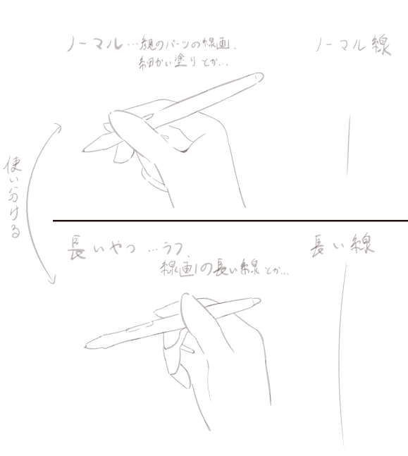今日ここあさんと通話してるときに、最近話題のペンの持ち方の話になって、自分は用途によって持ち方を変えますって話をしてた。 