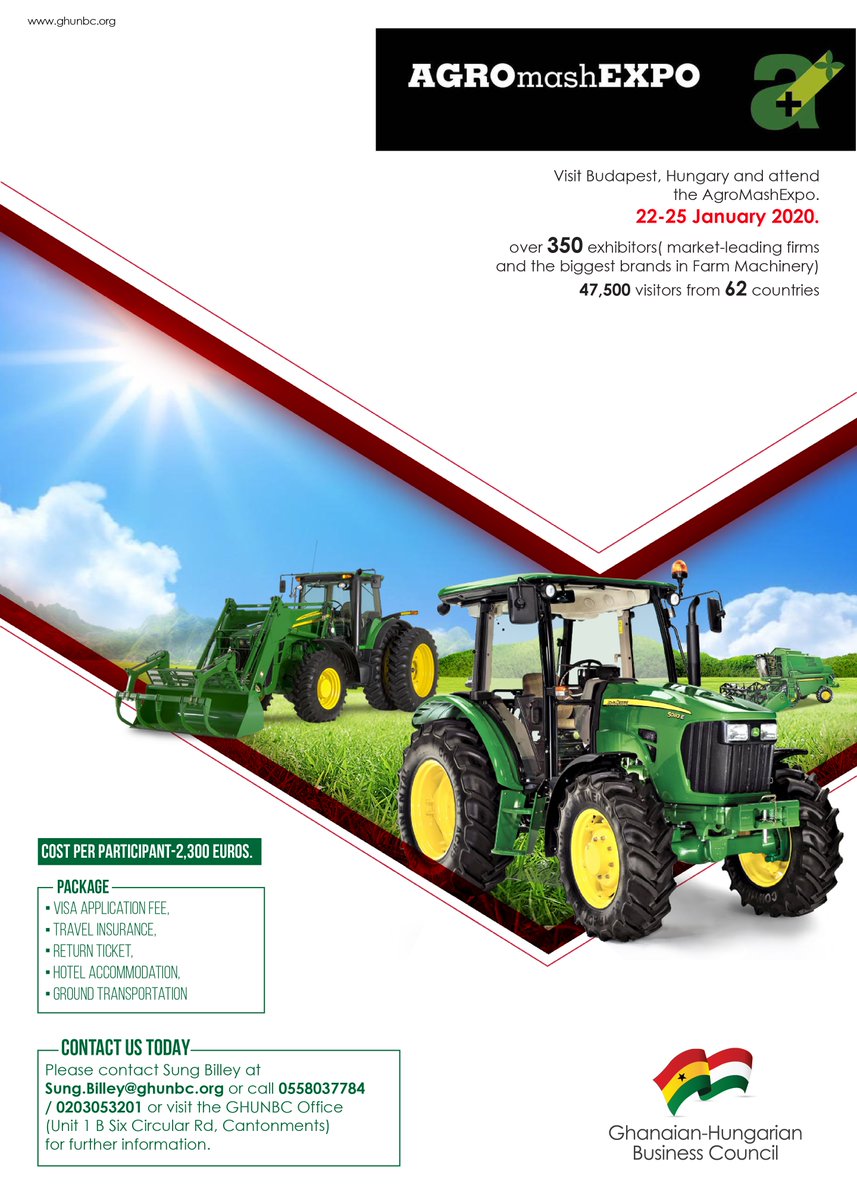 GHUNBC wishes to inform you of the upcoming AGROMASHEXPO happening in Hungary from 22 -25 January 2020.
Call us on 0558037784/0203053201 or visit ghunbc.org for further information
#agromashexpo #Agriculture #agribusiness #Agriculturalmachinery  #hungary #ghana