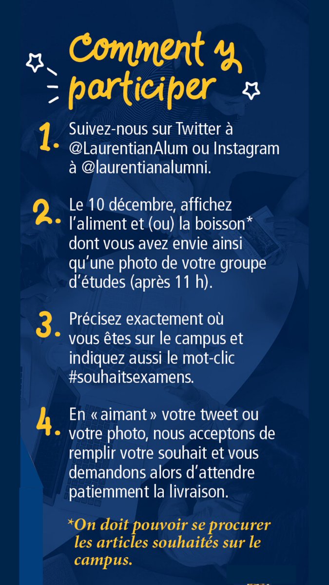 LaurentianAlum's tweet photo. #ExamWishes is TODAY! As of 11:00 a.m., you can send us your food or beverage requests with a photo of your study squad. Voir les images ci-dessous pour savoir comment participer aux #SouhaitsExamens. Happy studying LU! https://t.co/MTiYqaDDVE