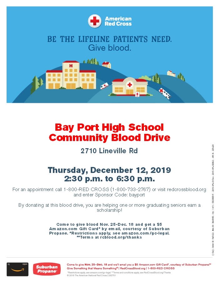 bayportstuco's tweet photo. Red Cross Blood Drive Thursday, December 12th in the union! Drive goes from 2:30-6:30. Schedule your appointment now at https://t.co/sqWzeTwX5o #RedCross @BayPortHS https://t.co/EKsplwKRqk