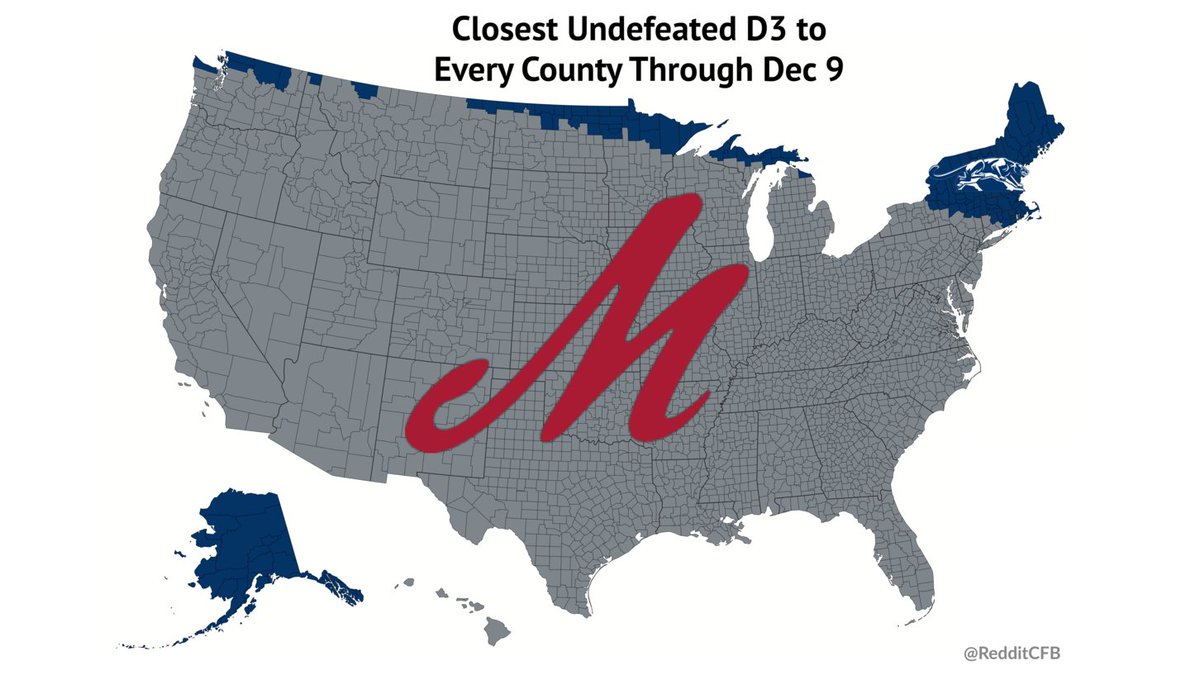 RedditCFB's tweet photo. The closest undefeated #D3FB team to each county in the United States as they head into the quarterfinals: #UndefeatedMap (12/9) ...the Middlebury Panthers' season is over so it's all on the Muhlenberg Mules https://t.co/WGEppn9gCj