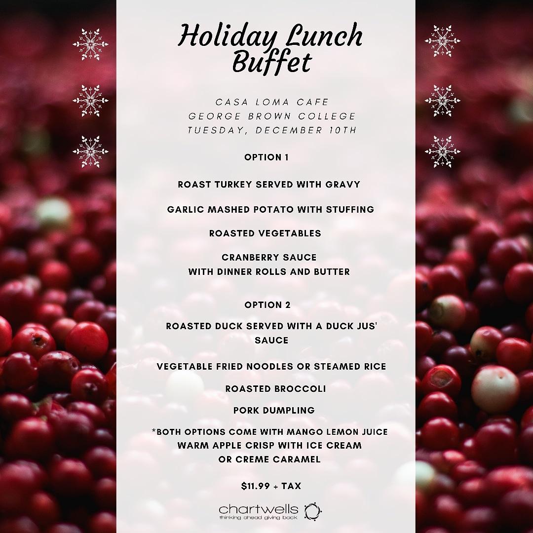 GbcEats's tweet photo. Tuesday December 10, join us @GBCollege Main Café for Holiday Lunch Buffet! 🎄 Gather friends 'round at #casalomacampus #waterfrontcampus #stjamescampus  We will have a traditional turkey feast 🦃✨ @gbceats #MyGBC  #holidaylunch #gbcstudents https://t.co/HCtkl8HvPl