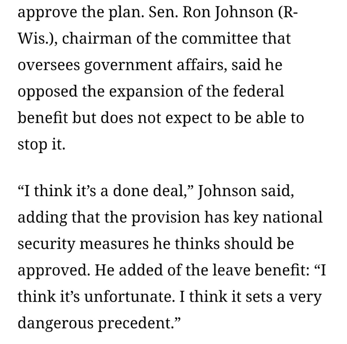 It is a nonstop outrage and embarrassment to be represented by Ron Johnson  https://www.washingtonpost.com/business/2019/12/09/gop-opposition-appears-fizzle-plan-advances-create-space-force-parental-leave-federal-workers/