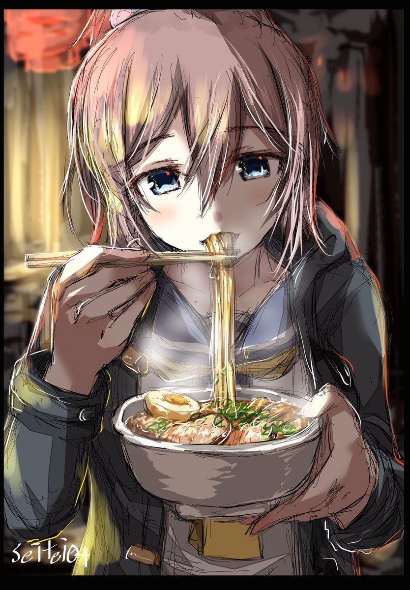 aoba (kancolle) 1girl noodles solo blue eyes ramen food school uniform  illustration images