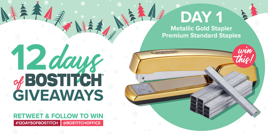 🎉 Our 12 Days of Bostitch Giveaways is back! To start the holiday season off right, we're giving away our Metallic Gold Stapler and staples! Check back for a new giveaway everyday until December 21st 🎉 

Retweet and follow to win!  
#giveaway #sweepstakes #12daysofgiveaways