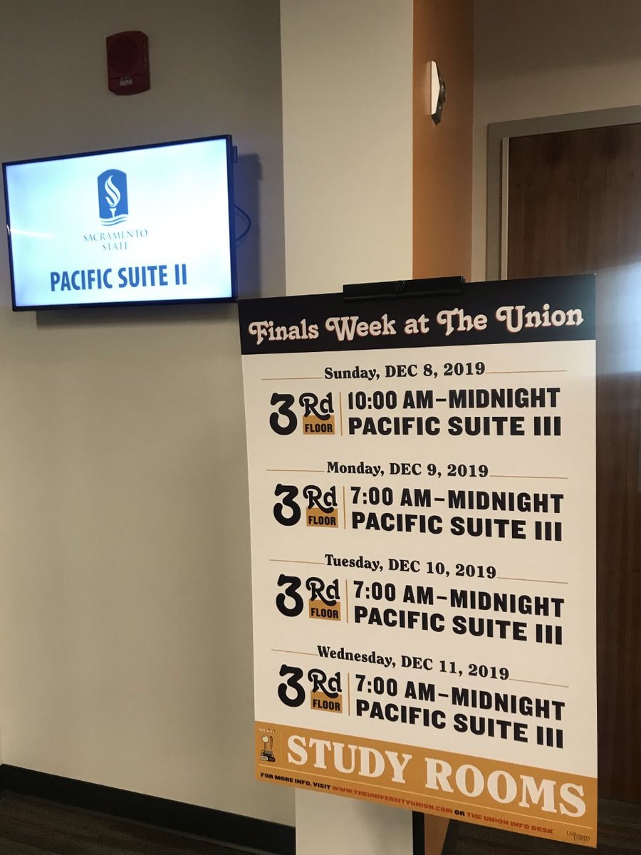 sacstateunion's tweet photo. Pacific Suite III is open during finals week from 7AM to MIDNIGHT through Thursday!! Get your study on, and enjoy our free coffee by Info Desk beginning at 8pm each day! @SacState #SacState #StingersUp🐝 #GoHornets #StudySzn https://t.co/s0i0LWECSN