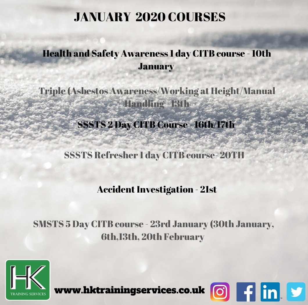 JANUARY COURSES. 
We offer bespoke offsite courses. Accredited courses CITB and HSE recognises H&K's in house courses. If you would like more information or want to book a course get in touch. #training #H&K #lovetolearn #getqualified #januarycourses #book now