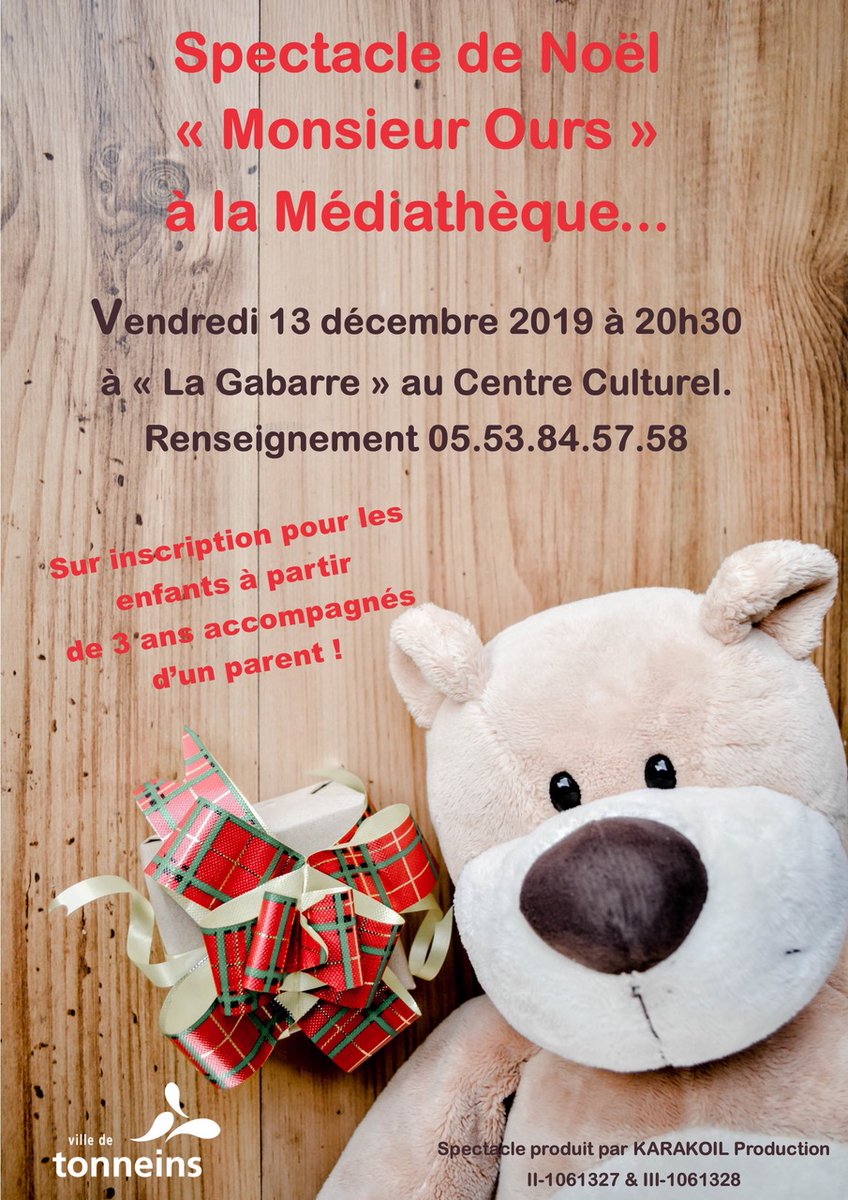 karakoil's tweet photo. Ma fabrique à mots et Audrey GARESTE produiront le 13 décembre le spectacle de noël "Monsieur Ours" à la salle de Spectacle "La Gabarre" au Centre Culturel à 20h30. https://t.co/hHu7J2faap