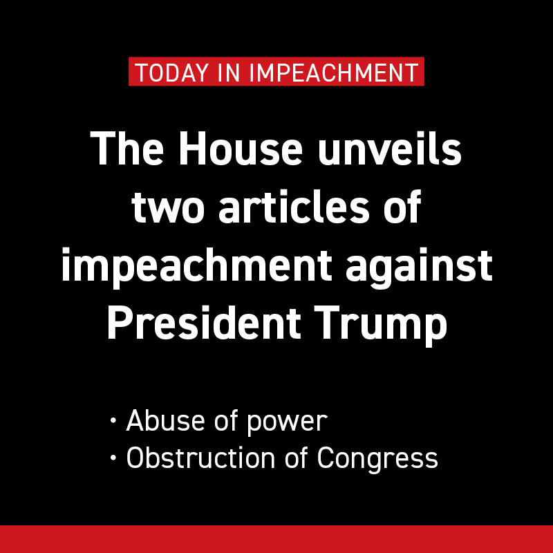politico's tweet photo. BREAKING: House Democrats unveiled two articles of impeachment, accusing President Donald Trump of abuse of power and obstruction of Congress https://t.co/dUMVegK7w7 https://t.co/Uu0pB1seVd