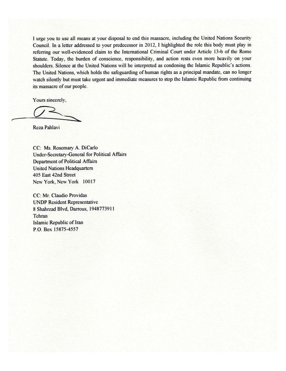 “Today, the burden of conscience, responsibility, and action rests even more heavily on your shoulders. Silence at the United Nations will be interpreted as condoning the Islamic Republic’s actions."

My open letter to <a href="/UN/">United Nations</a> Secretary General <a href="/antonioguterres/">António Guterres</a>

#IranMassacre