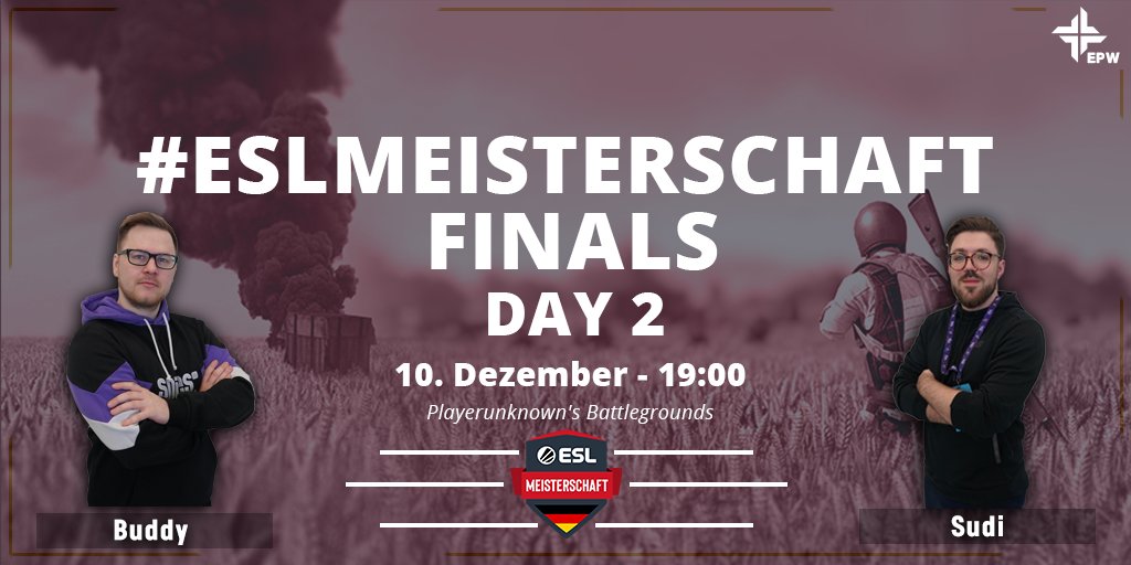 Gestern ging bereits ordentlich die Post ab, ähnliches können wir auch heute erwarten! Tag 2 der <a href="/PUBG_DE/">PUBG: BATTLEGROUNDS Deutschland 🇩🇪</a> #ESLMeisterschaft Finals!

⏰ 19 Uhr
🎙️ <a href="/SuperBuddyYT/">Ben Buddy Peters</a> &amp; <a href="/sudi_pubg/">Nico</a> 
📺 twitch.tv/esl_pubg_de
