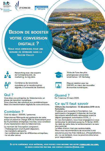 Education / Les étudiants de l’Université Polytechnique Hauts-de-France, en licence professionnelle e-commerce et marketing numérique, visite la #SiliconValley dans le cadre d’un séminaire professionnel.
📆 Clôture des inscriptions : 12/12
ℹ valenciennes-metropole.fr/thematiques/vo…