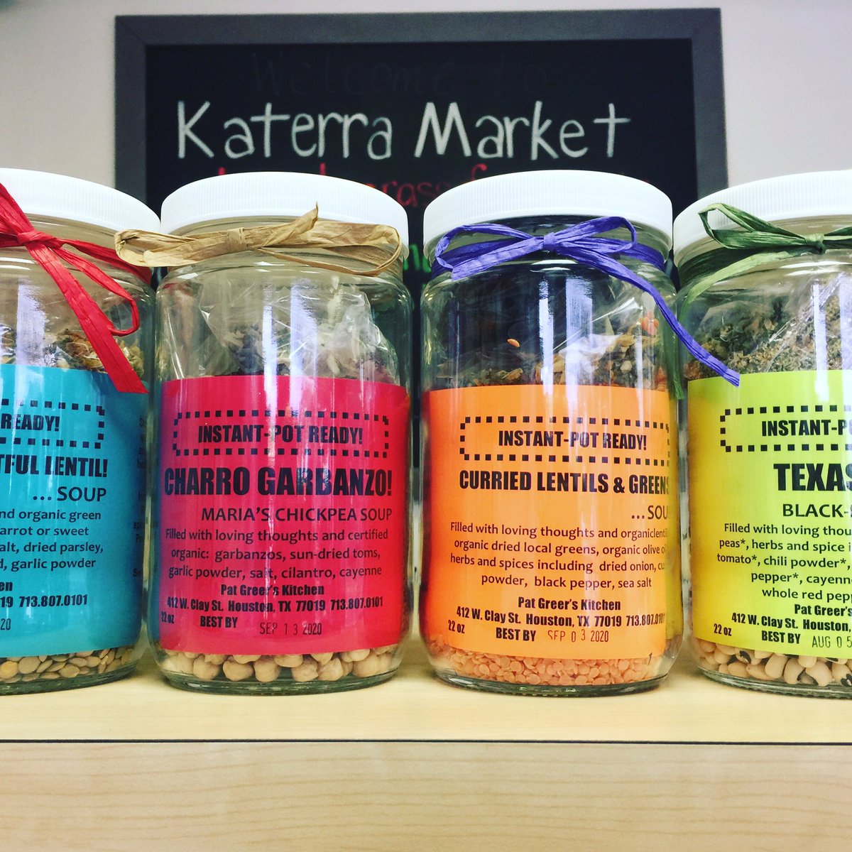 KaterraExotics's tweet photo. Soup mixes from @PatGreerKitchen are back just in time for winter!  Dump in your #instantpot for dinner tonight.  They also make great gifts.  #organic #vegan #madewithlove #soupmix #farmersmarket 
Katerra Market 
5627 Third St. Katy, Tx https://t.co/4BPeCWHAS6