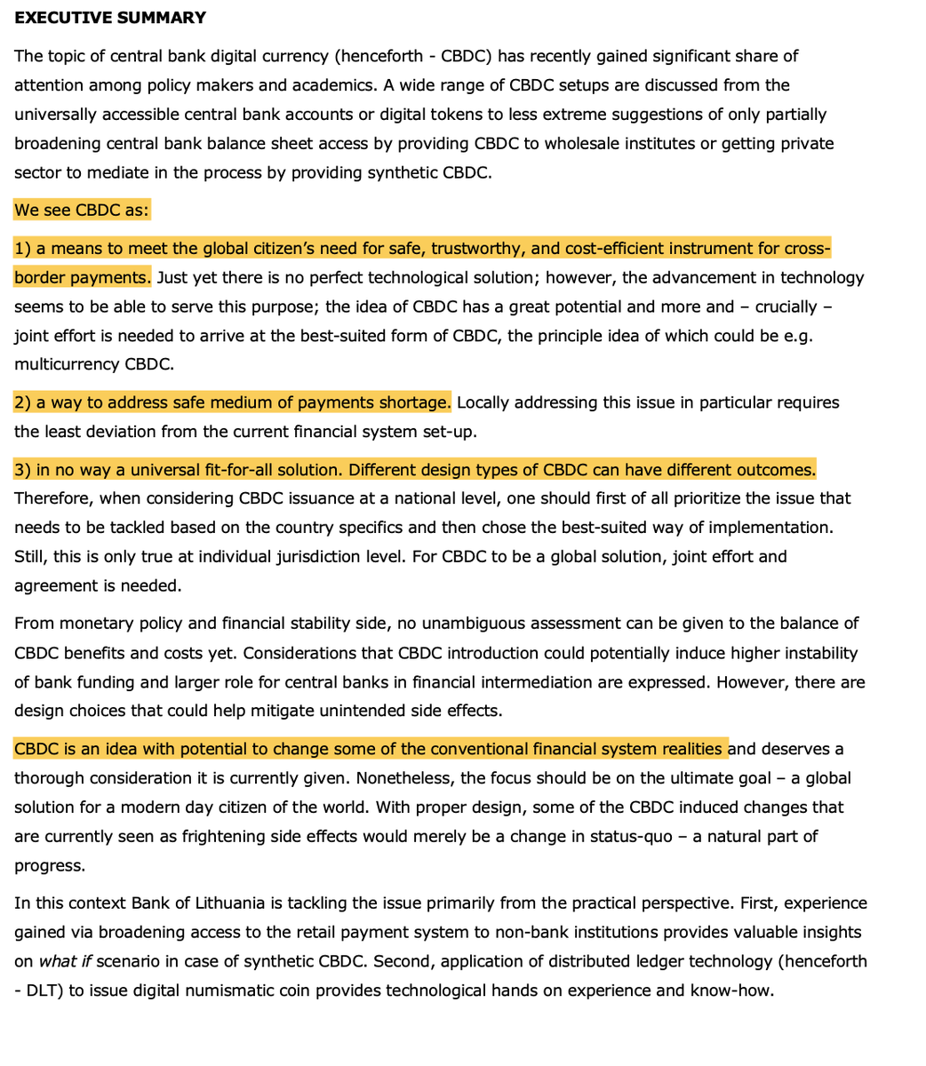 Report from the Central Bank of Lithuania  @Lietuvosbankas, see CBDCs:1) as a means for safe, trustworthy and cost-efficient instrument2) as a way to address payments shortage3) with different design types 4) Change the conventional financial system https://www.lb.lt/en/publications/no-29-aiste-juskaite-sigitas-siaudinis-tomas-reichenbachas-cbdc-in-the-whirpool-of-discussion